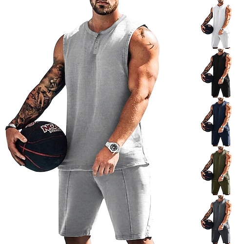 

Hombre Trajes de camiseta Chándal Camiseta de tenis Conjunto de pantalones cortos y camiseta Plano Henley Ropa Cotidiana Vacaciones Sin Mangas 2 Piezas Ropa Ropa de Gimnasia Casual