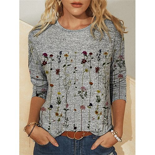 

T shirt Tee Femme Gris Floral Imprimer manche longue Vacances Fin de semaine basique Col Rond Normal Standard Fleur Peinture S