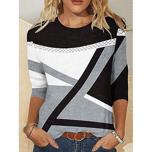 

Women's T shirt Tee Pink Blue Purple Color Block Print Long Sleeve Daily Weekend Basic Round Neck Regular Painting S
