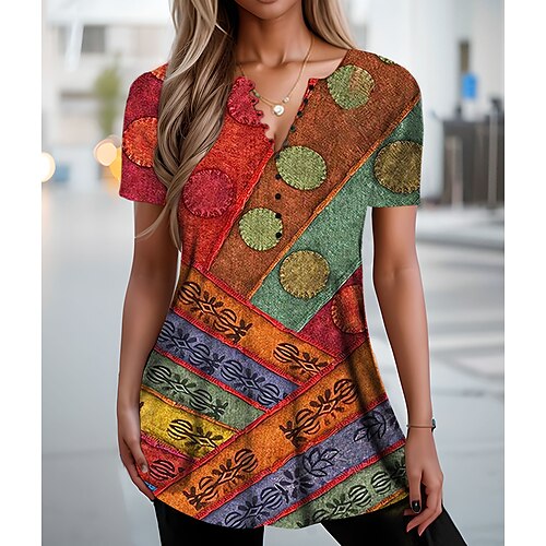 

T shirt Tee Femme Vin Rouge Géométrique Bouton Imprimer Manche Courte du quotidien Fin de semaine basique Col Rond Normal Standard Géométrique Peinture S