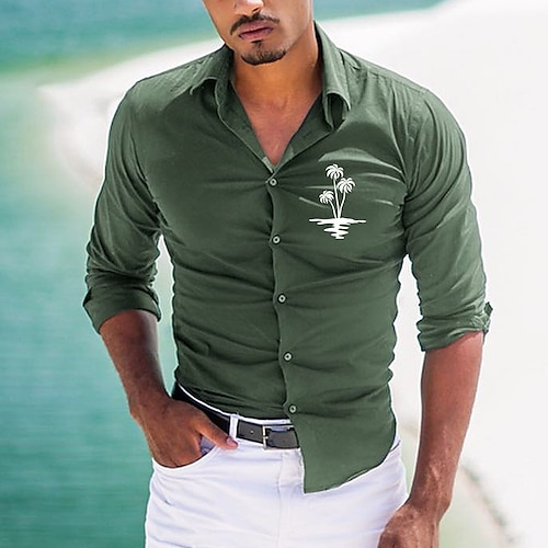 

Homens Camisa Social camisa de linho Coqueiro Estampas Abstratas Aberto para a Lateral Azul Laranja Verde Cáqui Azul Claro Ao ar livre Rua Manga Longa Imprimir Roupa Linho Moda Roupa de rua Designer