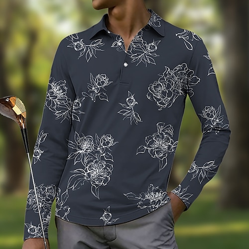 

Homens Camisa polo de caminhada Camisa de golfe Pólo de botões Respirável Secagem Rápida Pavio Humido Manga Longa Vestuário de golfe Roupas de golfe Normal Floral Primavera Outono Tênis Golfe