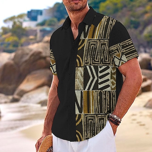 

Homme Chemise Chemise Lin Tribal Imprimés Photos Rétro Vintage Géométrie Col rabattu Jaune Bleu Extérieur Plein Air Manches courtes Imprimer Vêtement Tenue Lin Mode Design Décontractées Flexible