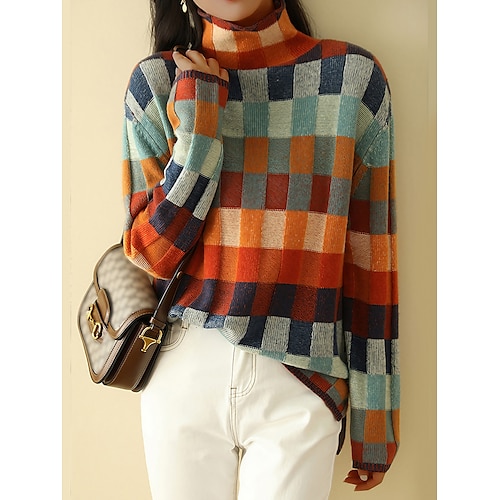 

Women's Pullover Sweater Jumper Jumper Ribbed Knit Patchwork Plaid Stand Collar Stylish Casual Daily Going out Summer Fall Rainbow S M L