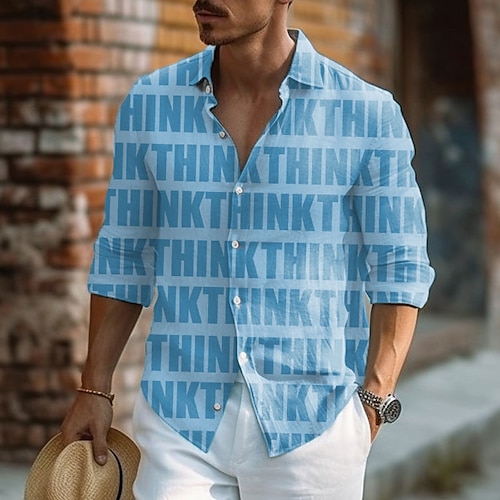 

Men's Shirt Linen Shirt Letter Graphic Prints Turndown Blue Green Khaki Gray Outdoor Street Long Sleeve Print Clothing Apparel Linen Fashion Streetwear Designer Casual