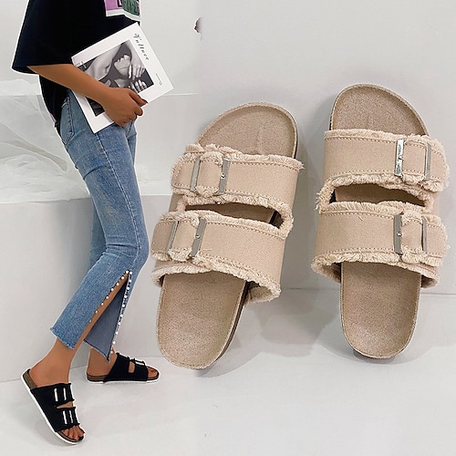 

Mujer Zapatillas Zapatos Confort Zapatillas al aire libre Pantuflas con plataforma Diario Verano Hebilla Plataforma Tacón Plano Dedo redondo Vintage Casual Confort Zapatos de Paseo Lino Flying Weaving