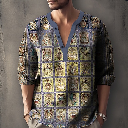 

Homens Camisa Social camisa de linho Floral Estampas Abstratas Vintage Colarinho Chinês Amarelo Azul Real Azul Roxo Laranja Ao ar livre Rua Manga Longa Imprimir Roupa Linho Moda Roupa de rua Designer