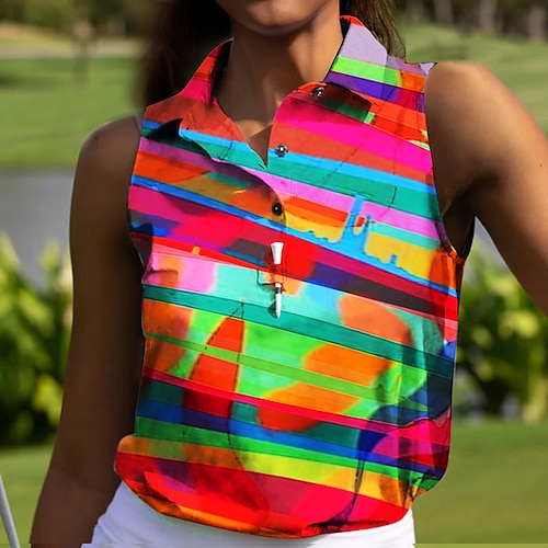 

Mulheres Camisa polo de caminhada Camisa de golfe Pólo de botões Respirável Secagem Rápida Pavio Humido Sem Manga Vestuário de golfe Roupas de golfe Normal Riscas Verão Tênis Golfe Pickleball