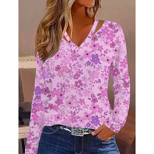 

Mulheres Camiseta Rosa Azul Roxo Floral Com Corte Imprimir Manga Longa Feriado Final de semana Básico Decote V Padrão Tema Flores Pintura S