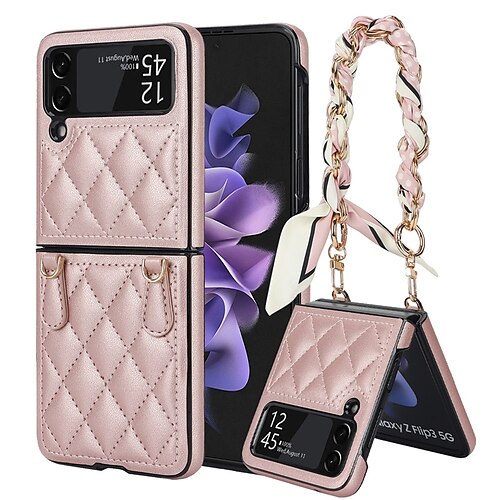 

Handy Hülle Handyhüllen Für Samsung Galaxy Z Flip 5 Z Flip 4 Z Flip 3 Rückseite mit Handschlaufe Feste Farbe Geometrische Muster PC PU-Leder