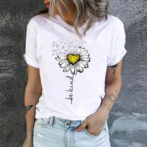 

Mulheres Camiseta Preto Branco Rosa Floral Imprimir Manga Curta Feriado Final de semana Básico Decote Redondo Padrão Tema Flores Pintura S