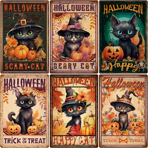

1pc halloween metal tin sign noir chat sorcière citrouille tin sign vintage cuisine signes décoration murale peinture tenture murale pour restaurant décor bar décor home decor wall art metal tin sign