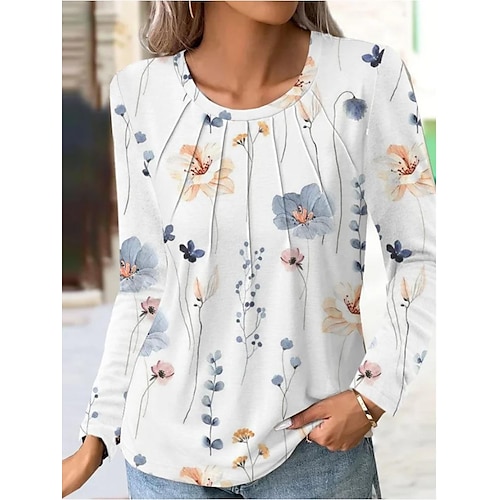 

Mulheres Camiseta Branco Floral Imprimir Manga Longa Casual Feriado Básico Decote Redondo Padrão Tema Flores S