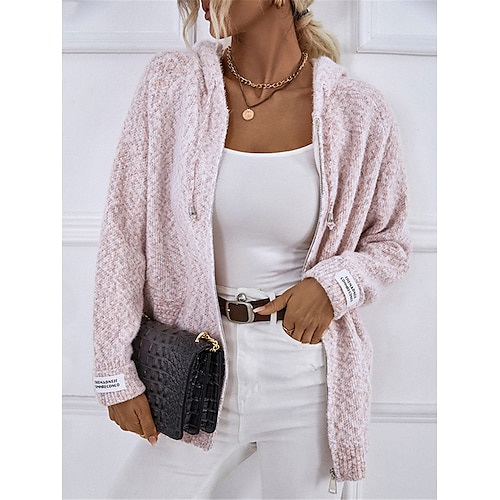 

Mulheres Sueter Cardigan Saltador Estriado Tricotar Zíper Bloco de cor Com Capuz à moda Casual Diário Para Noite Outono Inverno Rosa Cáqui S M L