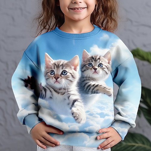 

Толстовка для девочек с рисунком животного кота 3D-принт модная уличная одежда очаровательный полиэстер на открытом воздухе повседневная повседневная детская рубашка с круглым вырезом 3-12 лет 3D-печатная графика обычная рубашка