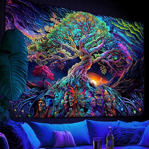 

lumière noire tapisserie uv réactif psychédélique fractal arbre de vie ancêtres dans les racines trippant ciel cosmique visionnaire art spirituel toile de fond
