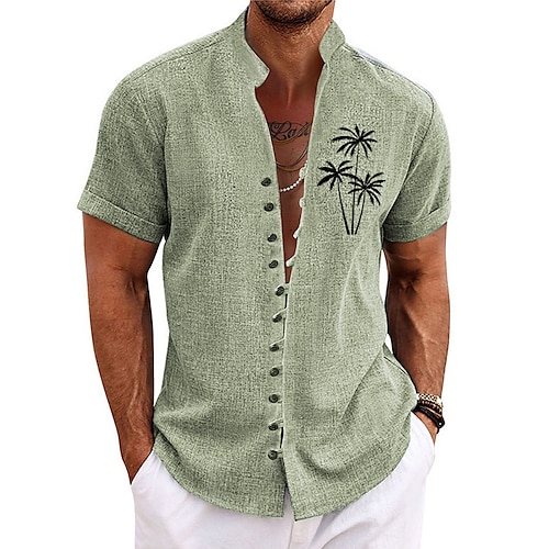 

Summer Palm Tree Shirt Mens Graphic Linen Coconut Prints Stand Collar Blue Purple Green Khaki Gray Outdoor Street Short Sleeve Clothing Apparel Trees Casual