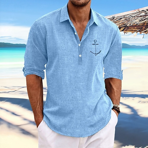 

Homme Chemise Chemise Lin Imprimés Photos Ancre Mao Noir Bleu Kaki Gris Extérieur Plein Air manche longue Imprimer Vêtement Tenue Lin Mode Vêtement de rue Design Décontractées