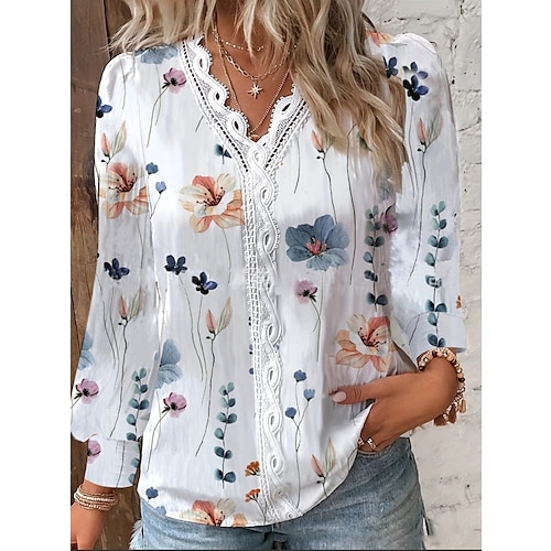 

Women's Shirt Blouse White Light Green Light Blue Floral Lace Trims Print Long Sleeve Casual Holiday Basic V Neck Regular Floral S