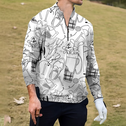 

Homens Camisa polo de caminhada Camisa de golfe Respirável Secagem Rápida Pavio Humido Manga Longa Vestuário de golfe Roupas de golfe Normal Zíper Colarinho Alto Estampado Primavera Outono Tênis