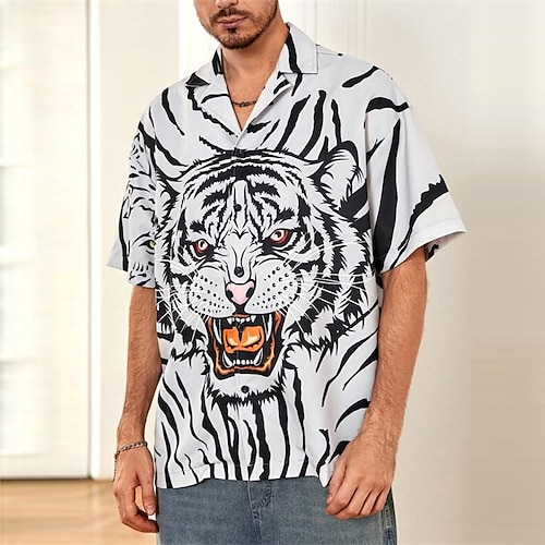 

Men's Shirt Summer Hawaiian Shirt Animal Tiger Graphic Prints Turndown White Outdoor Street Short Sleeves Print Clothing Apparel Fashion Streetwear Designer Casual