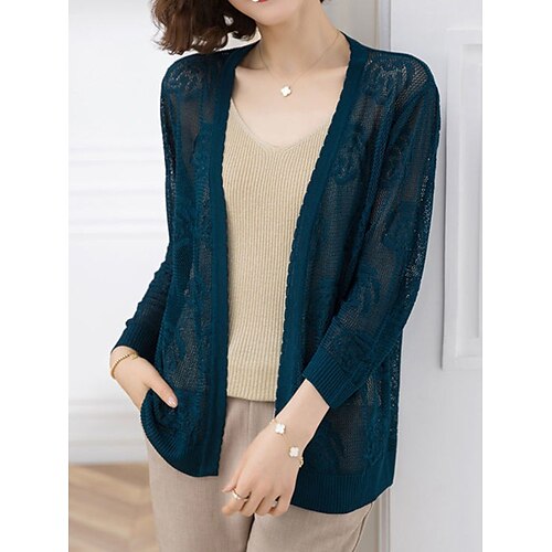 

Mulheres Sueter Cardigan Saltador Estriado Tricotar Fino Côr Sólida Decote V à moda Casual Diário Para Noite Verão Outono Preto Azul Marinha S M L