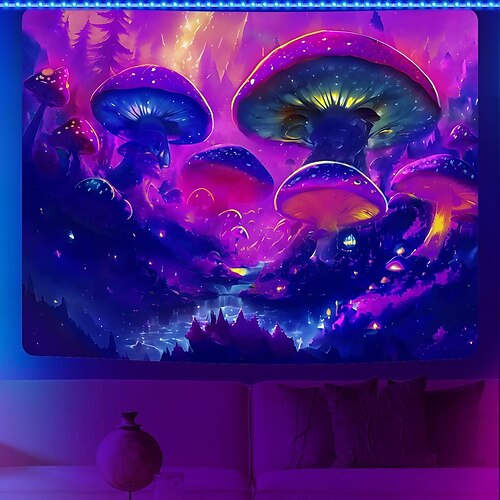 

Blacklight Tapestry UV Reactive Trippy Misty Mushroom Nature Landscape Hanging Tapestry Wall Art Mural for Living Room Bedroom