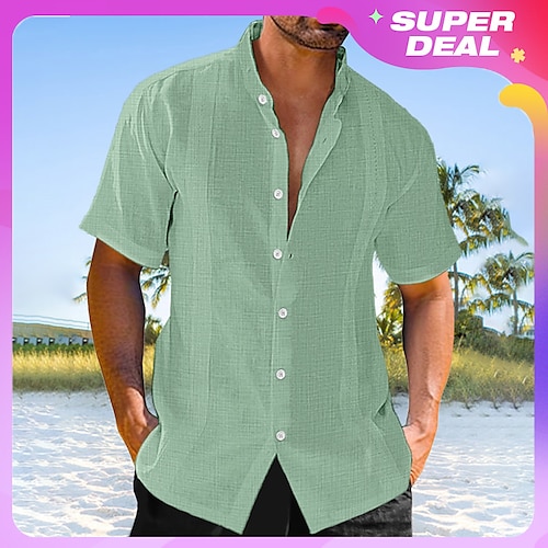 

Men's Guayabera Shirt Linen Shirt Button Up Shirt Casual Shirt Summer Shirt Beach Shirt Black White Blue Short Sleeve Plain Stand Collar Summer Casual Daily Clothing Apparel