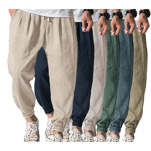 

Men's Joggers Linen Pants Trousers Summer Pants Drawstring Elastic Waist Plain Comfort Breathable Daily Beach Fashion Streetwear turmeric Black Micro-elastic