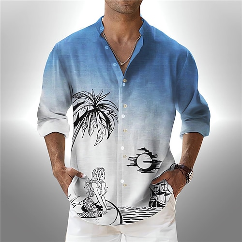 

Men's Shirt Gradient Coconut Tree Graphic Prints Stand Collar Yellow Pink Blue Green Gray Outdoor Street Long Sleeve Print Clothing Apparel Fashion Designer Casual Soft