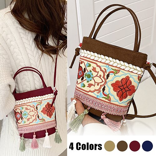 

Women's Handbag Crossbody Bag Bucket Bag Canvas Daily Holiday Tassel Embroidery Large Capacity Lightweight Color Block Folk Red Blue Brown