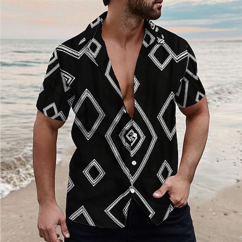 

Hombre Camisa camisa de lino Estampados Geometría Cuello Vuelto Negro Exterior Calle Mangas cortas Estampado Ropa Lino Moda Design Casual Suave