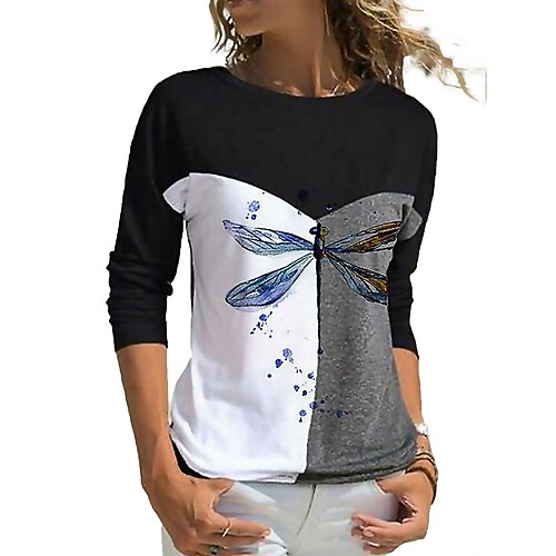 

T shirt Tee Femme Noir Blanche Jaune Bloc de couleur Papillon Imprimer manche longue du quotidien Fin de semaine basique Col Rond Normal Standard Papillon Peinture S