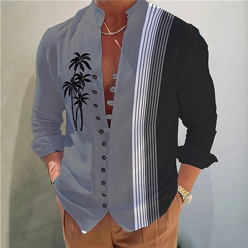 

Men's Shirt Linen Shirt Coconut Tree Striped Graphic Prints Stand Collar Light Green Light Brown Blue Purple Green Outdoor Street Long Sleeve Print Clothing Apparel Linen Fashion Streetwear Designer