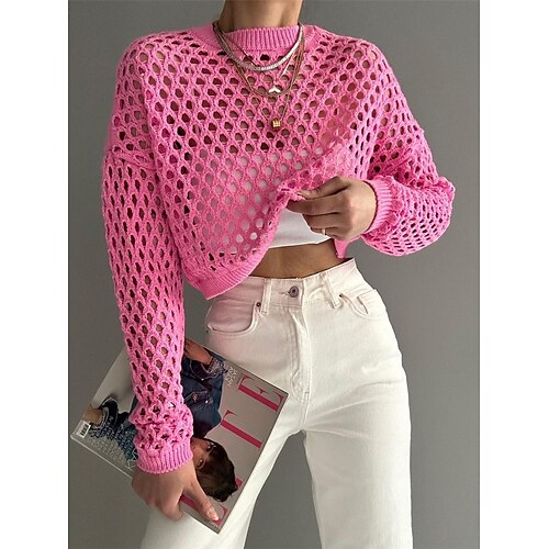 

Women's Pullover Sweater Jumper Jumper Ribbed Knit Hole Solid Color Crew Neck Stylish Casual Daily Going out Summer Spring Pink Red S M L