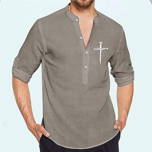 

Homme Chemise Chemise Lin Imprimés Photos Croix Mao Rose Claire Bleu Vert Kaki Gris Extérieur Plein Air manche longue Imprimer Vêtement Tenue Lin Mode Vêtement de rue Design Décontractées