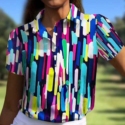 

Damen poloshirt Golfhemd Geknöpftes Poloshirt Atmungsaktiv Schnelltrocknend Feuchtigkeitsableitung Kurzarm Golfbekleidung Golfkleidung Regular Fit Streifen Sommer Tennis Golfspiel Pickleball