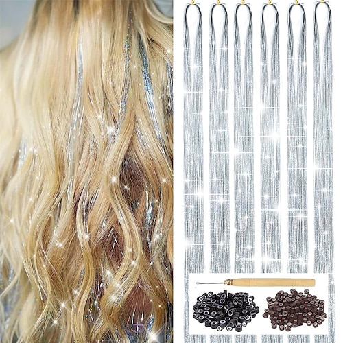 6pcs Hair Tinsel Kit 48Inch Glitter Tinsel Hair Extensions, Human Hair Extensions, Sparkling Shiny Hair Tinsel Strands Kit Heat Resistant for Women