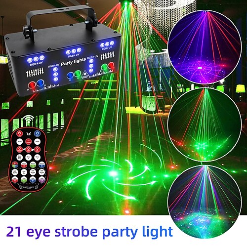 

21 eye rgb discoteca feixe de dj projetor de luz laser dmx remoto estroboscópio efeito de iluminação de palco festa de natal luzes de halloween