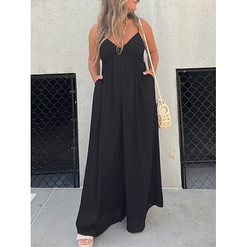 

Women's Jumpsuit Backless Solid Color V Neck Streetwear Street Daily Regular Fit Strap Black S M L Spring