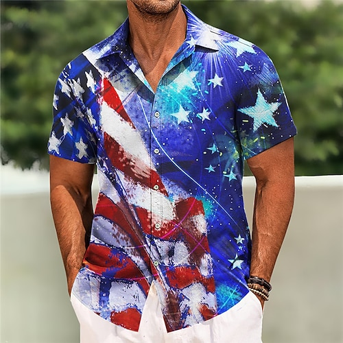 

Homens Camisa Social Estampas Abstratas Bandeira americana Aberto para a Lateral Azul Azul Escuro Ao ar livre Rua Manga Curta Imprimir Roupa Moda Designer Casual Macia