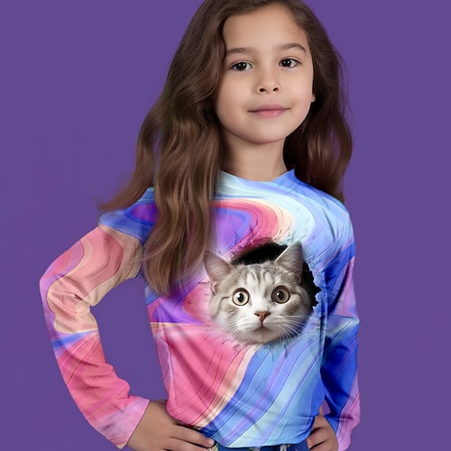 

Para Meninas Camiseta Manga Longa Camisa Camiseta Gráfico Animal Gato Impressão 3D Ativo Moda Estilo bonito Poliéster Ao ar livre Casual Diário Infantil Crewneck 3-12 anos Gráfico impresso em 3D