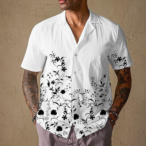 

Hombre Camisa Floral Estampados Collar Cubano Negro Blanco Exterior Casual Manga Corta Estampado Ropa Deportes Moda Ropa de calle Design