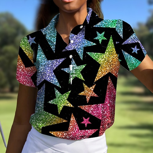 

Mulheres Camisa polo de caminhada Camisa de golfe Pólo de botões Respirável Secagem Rápida Pavio Humido Manga Curta Vestuário de golfe Roupas de golfe Normal Estrela Verão Tênis Golfe Pickleball