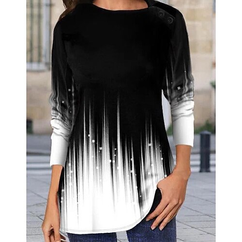 

Women's T shirt Tee Black Color Gradient Print Long Sleeve Casual Basic Round Neck Regular S