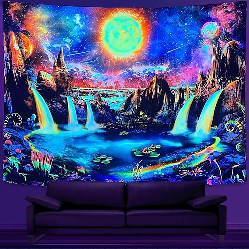 

Galaxie, brennende Sonne, Schwarzlicht-Wandteppich, UV-reaktiv, neblige Naturlandschaft, Wandteppich, Wandkunst, Wandgemälde für Wohnzimmer, Schlafzimmer, Raum, Bergseelandschaft