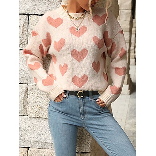 

Women's Pullover Sweater Jumper Jumper Ribbed Knit Oversized Heart Crew Neck Stylish Casual Outdoor Daily Fall Winter Pink S M L