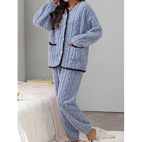 

Women's Fleece Loungewear Sets Fluffy Pajama Fuzzy 2 Pieces Pure Color Fashion Casual Comfort Street Daily Date Polyester Warm V Wire Long Sleeve Pant Button Pocket Fall Winter Black White