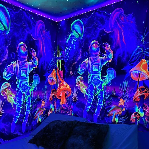 

lumière noire tapisserie uv réactif astronaute méduse trippy brumeux champignon nature paysage suspendu tapisserie mur art mural pour salon chambre