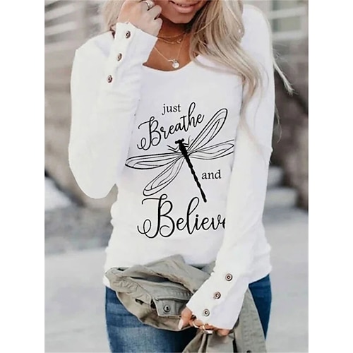 

Women's T shirt Tee Pearl White Ivory Cat Butterfly Print Long Sleeve Daily Weekend Basic Round Neck Floral Cat Butterfly